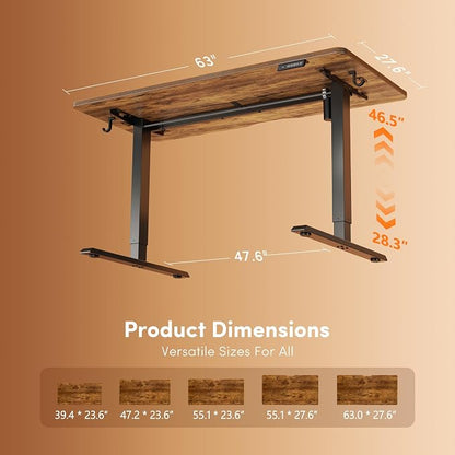 DESINO Standing Desk, 63 × 28 Inches Electric Height Adjustable, Sit and Stand Up, Computer Office Desk with Splice Board, Black Frame/Rustic Brown TOP