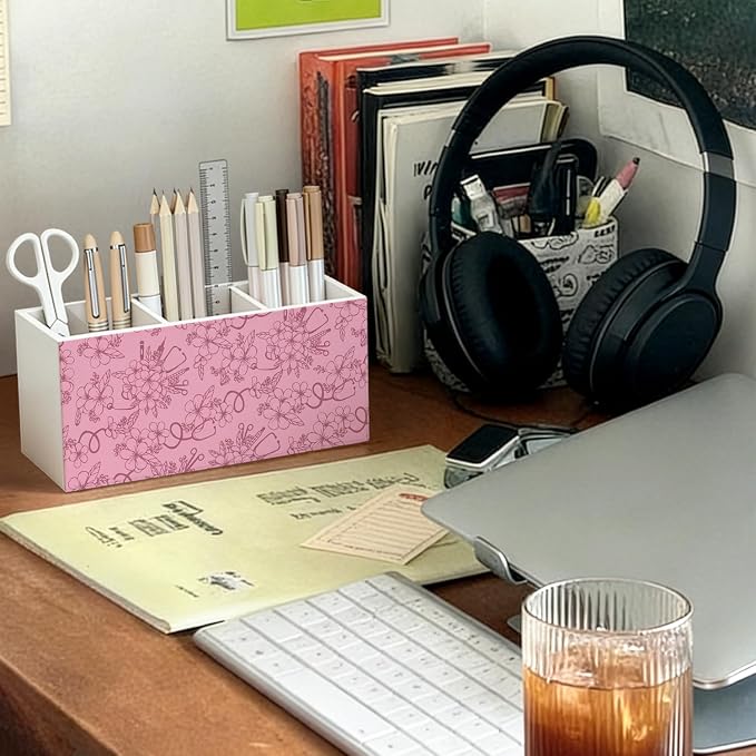 Pink Floral Nurse Pen Pencil Holder for Desk, Nurse Appreciation Gifts, Nursing Week Gifts for Women, Nursing Wooden Box Sign Decorations for Home Office Workplace Desk Tabletop