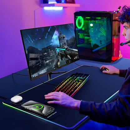 HAUTOCO RGB Gaming Mouse Pad with 15W Wireless Charging, 15 Light Modes, XXL Large Desk Mat 31.5"x15.75", Waterproof Ultra-Smooth Surface, Non-Slip Base, Computer Keyboard Mat for PC Laptop Office