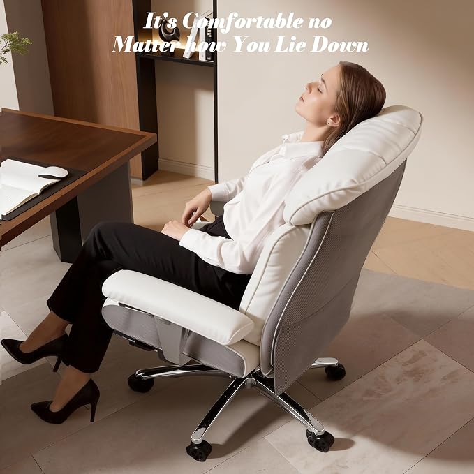 Efomao Big and Tall Executive Office Chair 450lbs,White | 5.9" Thick Pocket Spring Cushion, Reclining Breathable PU Leather Desk Chair with Foot Rest, Soft Comfortable Support