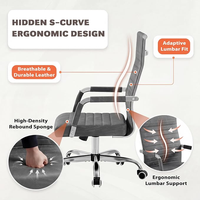 Furmax Ergonomic Office Desk Chair, Executive Ribbed Mid-Back PU Leather Conference Room Chair Adjustable Swivel Chair with Arms (1, Bicolor Vintage Grey)