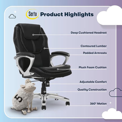 Serta Amplify Executive Office Chair with Faux Leather and Mesh, Adjustable Ergonomic Comfy Seat with Lumbar Support, Modern Computer DeskChairs, Swivel Rolling Wheels, Black