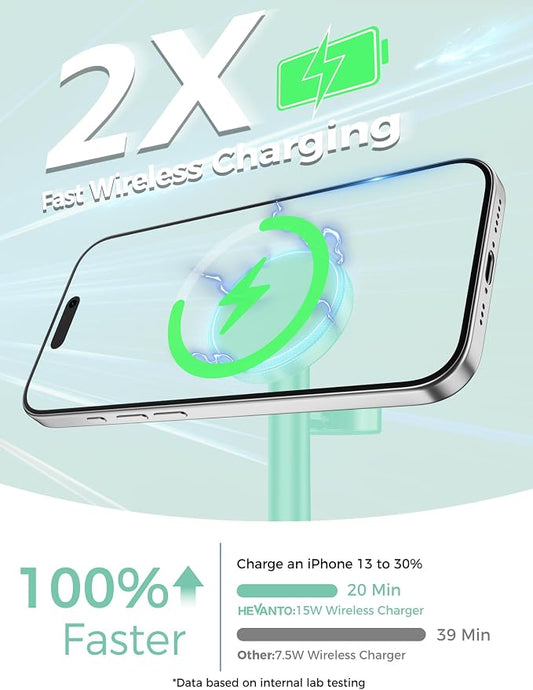 Hevanto 2026 3 in 1 Wireless Charging Station for Apple MagSafe Charger, 15W Fast Mag-Safe Charger Stand for iPhone 17 16 15 14 13 12 Apple Watch AirPods Compatible with MagSafe, Mint