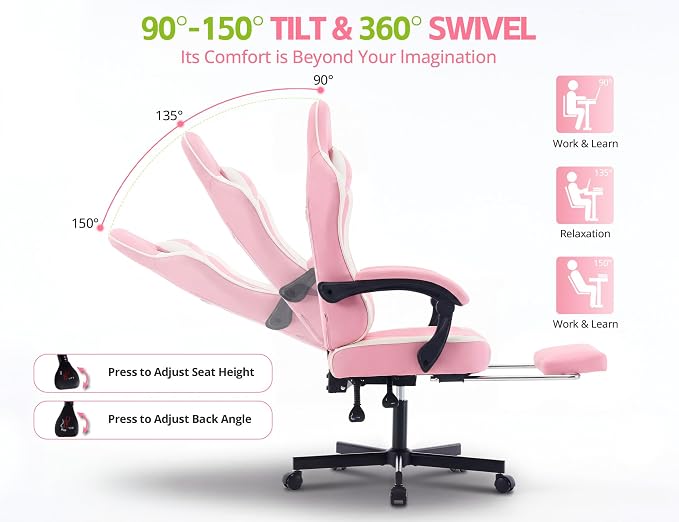 Office Desk Computer Gaming Chair for Adults, Ergonomic High Back Gamer Chair with Massage and Pocket Spring Cushion, Swivel Comfy Video Game Chairs with Footrest and Lumbar Support (Pink White)
