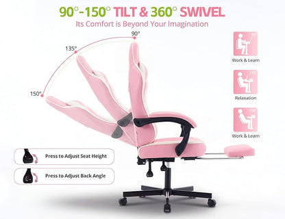Office Desk Computer Gaming Chair for Adults, Ergonomic High Back Gamer Chair with Massage and Pocket Spring Cushion, Swivel Comfy Video Game Chairs with Footrest and Lumbar Support (Pink White)