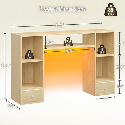 REIBII Desktop Bookshelf with LED Lights,47.2" Desktop Organizer with 6 Shelves and 2 Drawers for Top of Desk,Multipurpose Desk Hutch Dorm with Adjustable Shelves for Home and Office,Natural