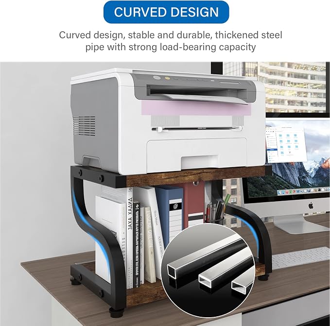 PUNCIA 2 Tier Wood Printer Stand with Storage Heavy Duty Desktop Shelf | Retro Modern Minimalist Style Fits Laser Printers Copiers Fax Machines, Organizer for Home Office Dorm Small Spaces