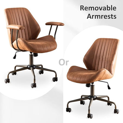 Mid Back Office Chair Mid Century Modern Executive Chair,Lumbar Support Ergonomic Home Office Desk Chair,Rolling Swivel Task Chair Task Chair Armrests Height Adjustable,350lbs (Brown)