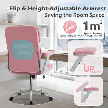 SEATZONE Rose Home Desk Office Chair with Arms and Wheels, Comfortable Executive Computer Chair, Breathable Mesh and Velvet Fabric Swivel Task Chairs for Women&Girls