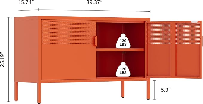 Orange Metal Storage Cabinet,2 Door TV Stand, Metal Mesh Accent Cabinet,Magnetic Door Closure,Low Storage Cabinets with Doors and Shelf for Home,Office,Living Room