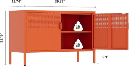 Orange Metal Storage Cabinet,2 Door TV Stand, Metal Mesh Accent Cabinet,Magnetic Door Closure,Low Storage Cabinets with Doors and Shelf for Home,Office,Living Room