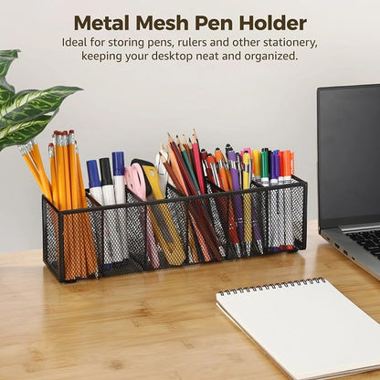 2 Pcs Metal Mesh Pen Holder, 6 Compartments Pencil Caddy, Large Capacity Desk Organizer with Anti-Slip Pads, Desktop Stationery Storage Box for Home, Office