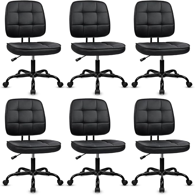 CLATINA Home Office Chair No Arms with Wheels, Armless Small Leather Ergonomic Low Back Desk Chairs Adjustable Height 360° Swivel Rolling Computer Task Chair for Work Conference Room, Black, 6 Pack