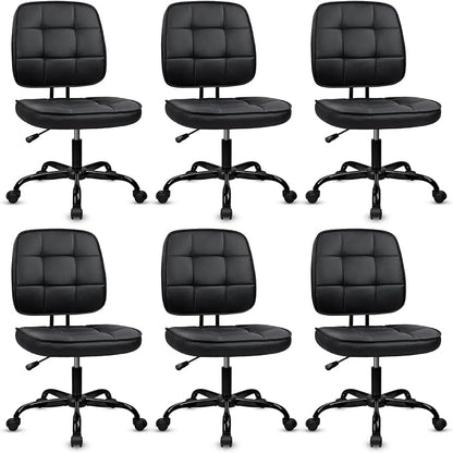CLATINA Home Office Chair No Arms with Wheels, Armless Small Leather Ergonomic Low Back Desk Chairs Adjustable Height 360° Swivel Rolling Computer Task Chair for Work Conference Room, Black, 6 Pack