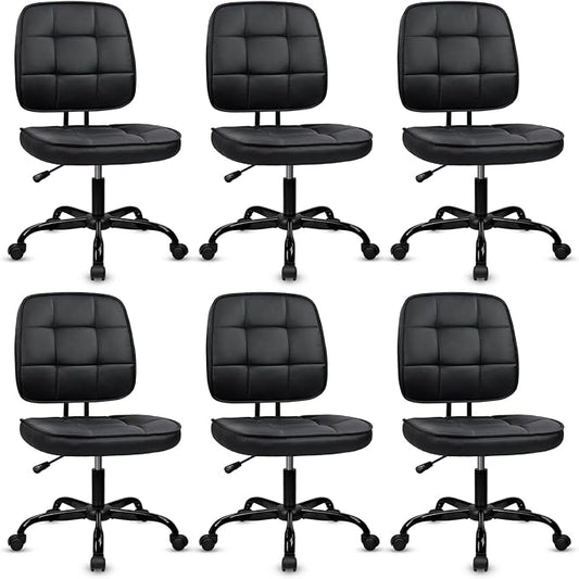 CLATINA Home Office Chair No Arms with Wheels, Armless Small Leather Ergonomic Low Back Desk Chairs Adjustable Height 360° Swivel Rolling Computer Task Chair for Work Conference Room, Black, 6 Pack