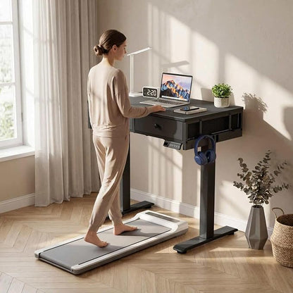 KLUVIS Black Sit Stand Desk with Drawers, 32 Inch Electric Standing Desk with Storage, Small Space Stand Up Computer Desks for Home Office Bedroom, Study Writing Desks for Walking Pad