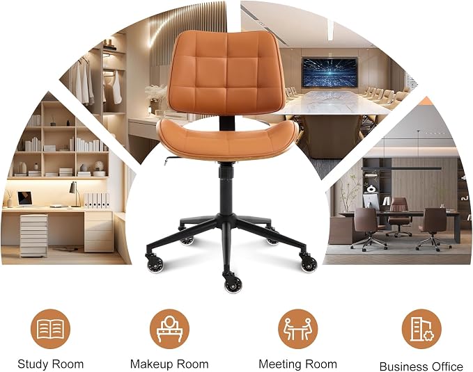 BV Armless Office Chair with Rubber Wheels, 360° Swivel Adjustable Task Chair, PU Leather Rolling Desk Chair for Home Office, Study and Conference Room, Brown