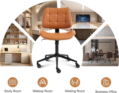 BV Armless Office Chair with Rubber Wheels, 360° Swivel Adjustable Task Chair, PU Leather Rolling Desk Chair for Home Office, Study and Conference Room, Brown