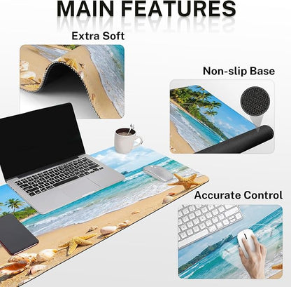 Britimes Beach Tropical Coastal Keyboard Mouse Pad Set Ocean Seashell 4in1 Large Mousepad+Keyboard Wrist Rest+Mouse Wrist Rest+Coaster Ergonomic Design for Home Office Computer 35.4x15.7 inches