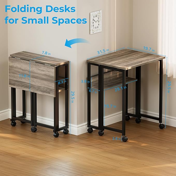 GreenForest Folding Desk with Wheels, 31.5 Inch Compact Rolling Computer Table with Storage Shelf, Portable Mobile Workstation for Small Spaces, Easy Assembly, Grey Wash