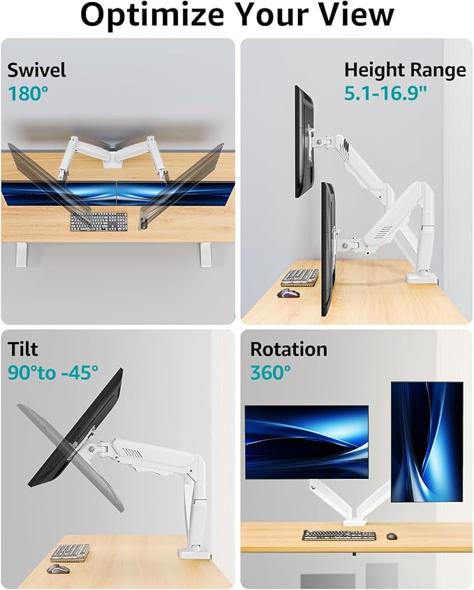 Dual Monitor Arm Desk Mount Fits 13 to 32 inch Computer Screens, Holds 4.4 to 19.8lbs Display VESA Mount, Adjustable Double Monitor Stand with Clamp/Grommet Base, 75/100mm Bracket, White, Freelift