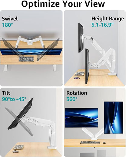 Dual Monitor Arm Desk Mount Fits 13 to 32 inch Computer Screens, Holds 4.4 to 19.8lbs Display VESA Mount, Adjustable Double Monitor Stand with Clamp/Grommet Base, 75/100mm Bracket, White, Freelift