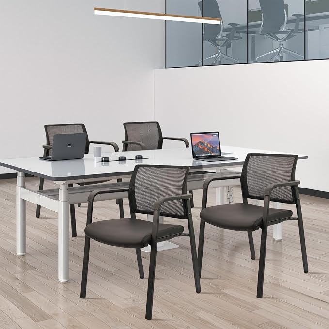 CLATINA Mesh Back Guest Reception Stacking Chair, Waiting Room Stackable Chairs with Upholstered Leather Seat & Ergonomic Lumbar Support for Office Conference School Study Church Lobby, Black, 2 Pack