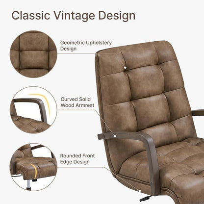 KISLOT Home Office Desk Chair, Ergonomic Office Chair with Square-Patterned Leather Upholstery, Adjustable Swivel Computer Chair with Wood Arms & Wheels, Soft-Rounded Front Edge, Brown