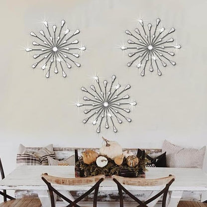ZEXUIRU 3 Set Black Starburst Wall Art for Home Decor Metal Bling Crystal Rhinestones Sunburst Wall Decor Sparkling Rhinestone Art Accent Black - 18in
