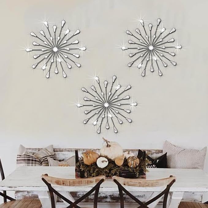 ZEXUIRU 3 Set Black Starburst Wall Art for Home Decor Metal Bling Crystal Rhinestones Sunburst Wall Decor Sparkling Rhinestone Art Accent Black - 13in