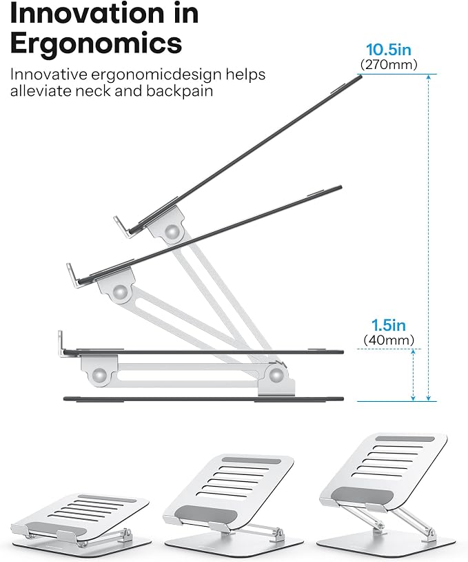 OMOTON Laptop Stand, Adjustable Metal Foldable Riser 10-17.2", Silver | Ergonomic Cooling Laptop Holder, Height Adjustable to 270mm for Sit-Stand, Portable Travel