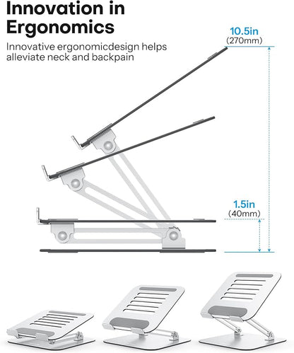 OMOTON Laptop Stand, Adjustable Metal Foldable Riser 10-17.2", Silver | Ergonomic Cooling Laptop Holder, Height Adjustable to 270mm for Sit-Stand, Portable Travel