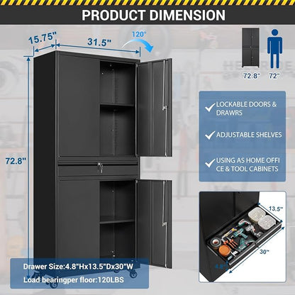 Fesbos 73" Metal Cabinet-Black Heavy Duty Rolling Storage Cabinet Steel Cabinets with Wheels, Shelves, Lockable Doors and Drawers- for Garage, Pantry, Warehouse - Assembly Required