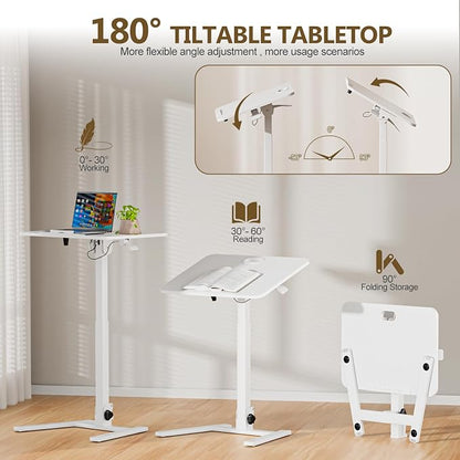 25 Inch Mobile Foldable Standing Desk, 180 Tiltable Portable Rolling Laptop Table, Height Adjustable Sit-Stand Desk with Wheels, No Assembly Computer Workstation for Home Office, White