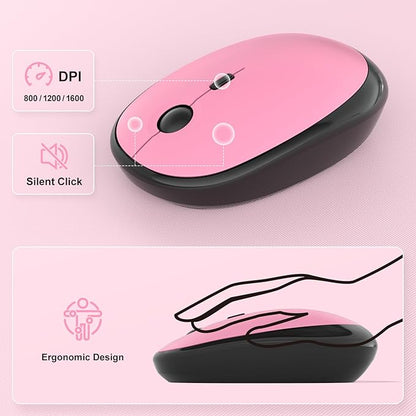 Wireless Keyboard Mouse Combo - Lovely CherryPink-Gradient Rainbow Full-Sized Typewriter Colorful Keyboards, Round Keycap Plug Play Retro Cute Keyboards for Windows, Laptop, PC, Desktop, Computer
