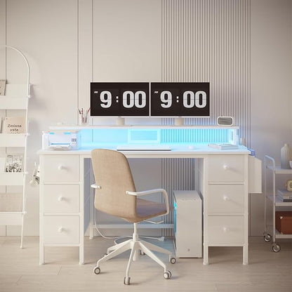 Lufeiya White Gaming Desk with Drawers & Storage Shelves, 47 inch Home Office Desk with Monitor Stand, Computer Desk with LED Lights and Power Outlets, White