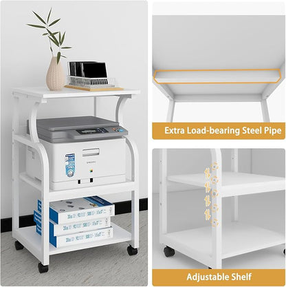 Natwind 3 Tier Printer Stand,Rolling Printer Table with Adjustable Storage Shelf for Home Office Organization,Multifunctional Shelves for Heat Press,3D Printer (White)