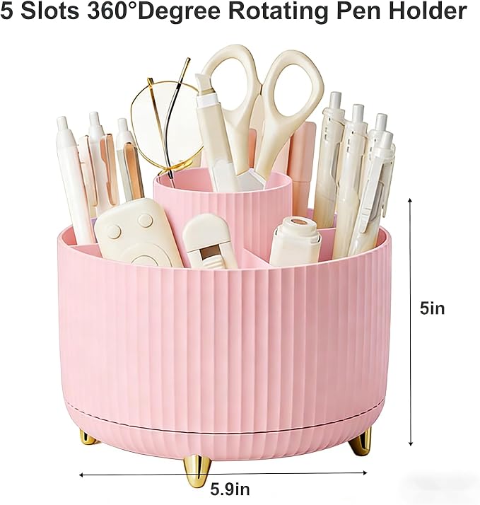 Pencil Pen Holder 5 Slots 360°Degree Rotating Pen Organizers for Desk Desktop Storage Stationery Supplies Cute Pencil Cup Pot Kids Desk Organizer for Office Home School（Pink 2）