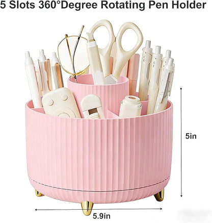 Pencil Pen Holder 5 Slots 360°Degree Rotating Pen Organizers for Desk Desktop Storage Stationery Supplies Cute Pencil Cup Pot Kids Desk Organizer for Office Home School（Pink 2）