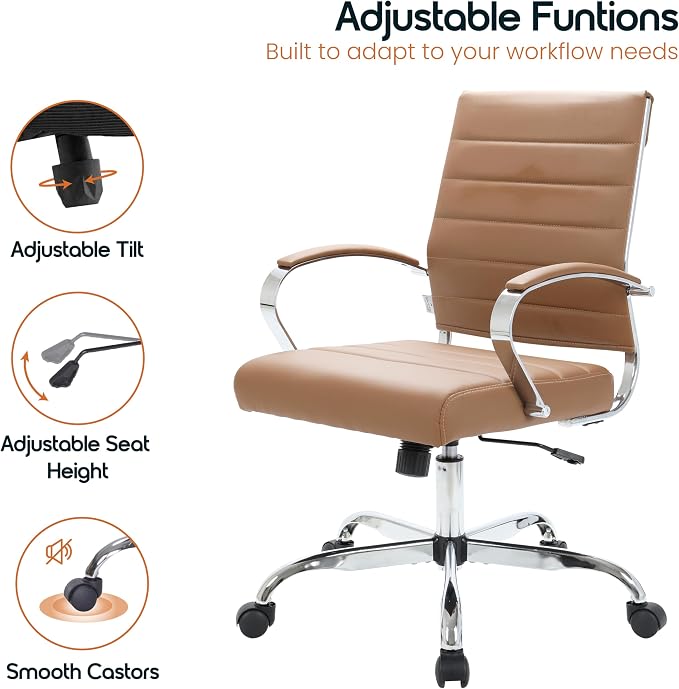 LeisureMod Benmar Leather Office Desk Chair, Mid-Back Ergonomic Swivel Chair with Lumbar Support, Adjustable Height, Tilt Lock, Cushioned Seat & Back, Home Office Task Chair (Brown, Set of 4)