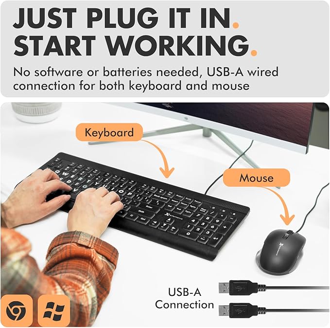 X9 Performance Wired Keyboard and Mouse Combo - Large Print Backlit Keys for Seniors, Lighted Computer Keyboard Wired, 7 LED Colors, 4 DPI Modes, USB Plug and Play for Windows PC