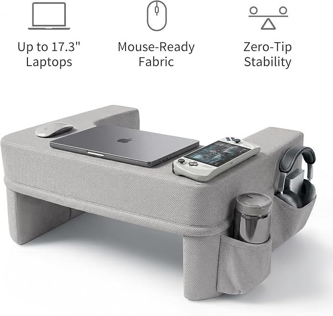 septsun Reading Pillow for Gaming,Soft Lap Desk Pillow for Laptop,Ultimate Lap Pillow with Cup Holder Pocket,Comfort Laptop Lap Desk for Bed Couch Car (Gray, Large)