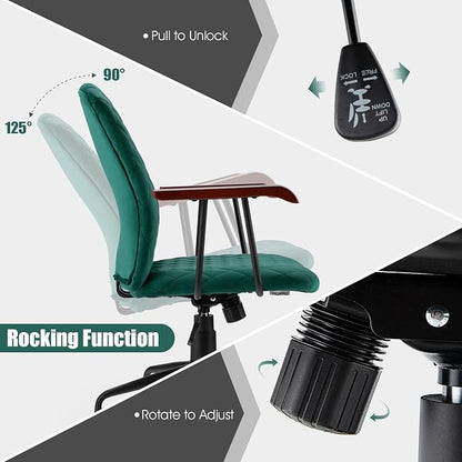 COSTWAY Green Velvet Office Chair, Upholstered Home Leisure Chair with Rubber Wood Armrests & 5-Claw Metal Base, Vintage Mid-Back Computer Desk Chair for Adult, Home, Office, Study