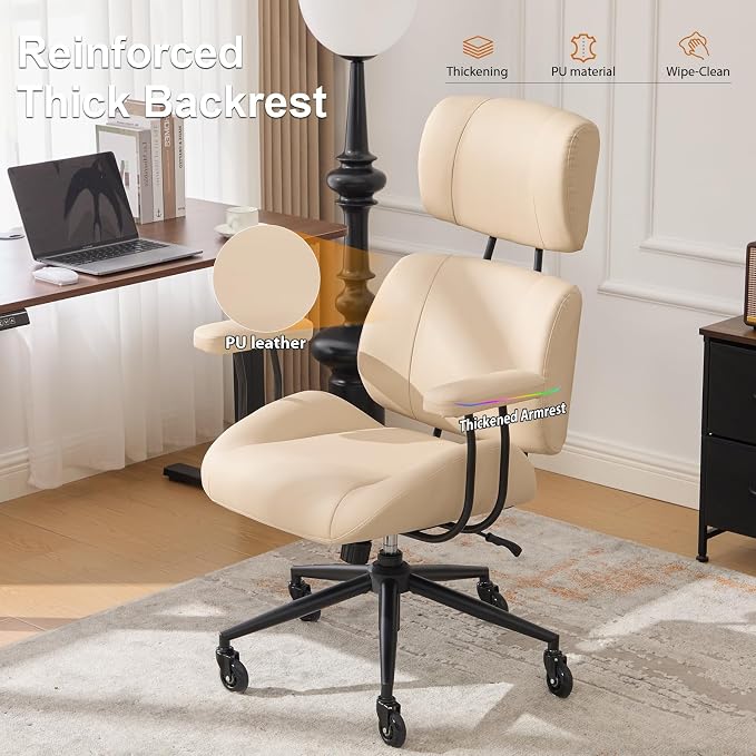 E-Motie Ergonomic Leather Office Chair, Computer Desk Chair, Beige | Adjustable Headrest, 360° Swivel & Rolling Wheels, Lumbar Support, Padded Arms, High Back, for Long Hours Sitting