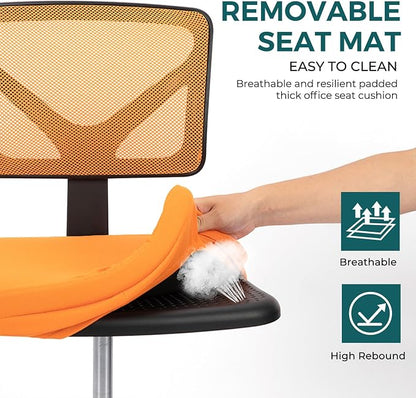 DUMOS Armless Office Chairs with Wheels, Ergonomic Adjustable Home Desk Swivel Rolling Task Chair No Arms, Comfy Mesh Mid Back Computer Work Vanity Desk Chairs for Small Spaces, Orange