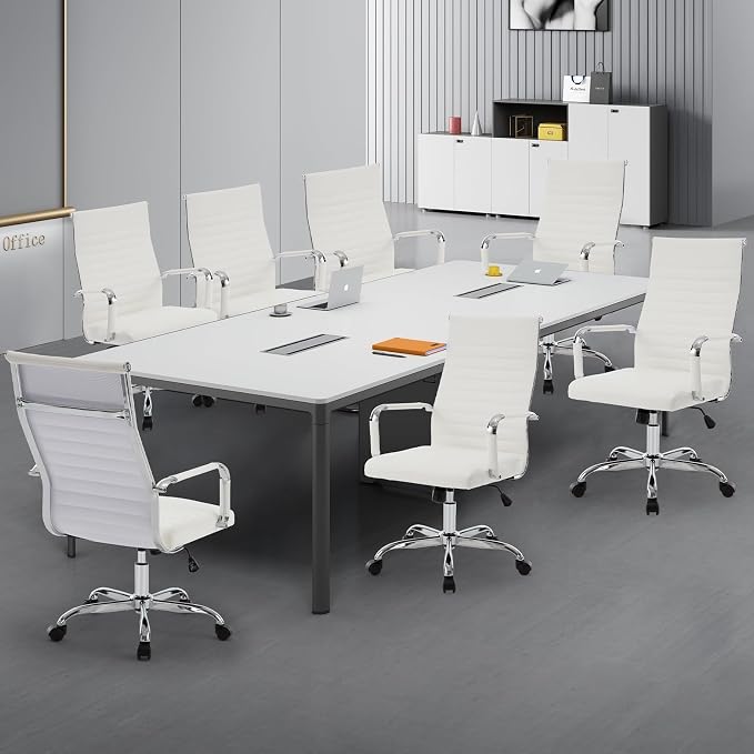 Office Chair, Ergonomic Executive Conference Room Chairs, Ribbed Leather Desk Chair with Lumbar Support, Adjustable Height Mid-Back Swivel Chair (Triple Bend Handrail Armrests, White)