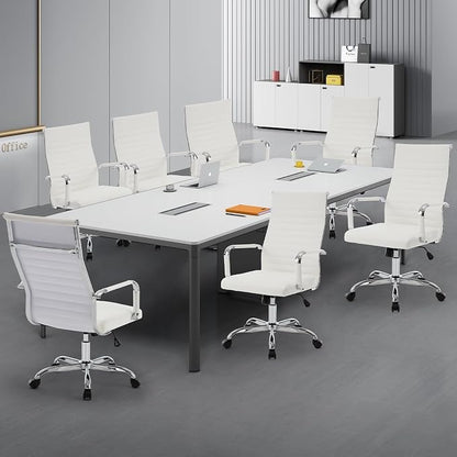 Office Chair, Ergonomic Executive Conference Room Chairs, Ribbed Leather Desk Chair with Lumbar Support, Adjustable Height Mid-Back Swivel Chair (Triple Bend Handrail Armrests, White)