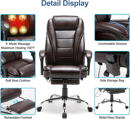 HOMREST 4-Point Massage Reclining Office Chair, Leather Heating Executive Chair, Ergonomic Home Office Desk Chair with Retractable Footrest,Computer Chair for Home Office, Study, Gaming (Brown)