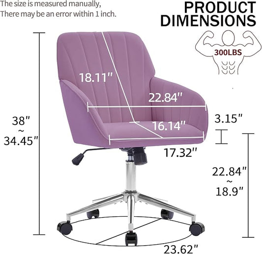 YITAI Velvet Office Desk Armchairs with Silver Base and Wheels,Modern Height Adjustable 360 Degree Swivel Upholstered Vanity Chairs for Living/Room Bedroom/Study,Light Purple