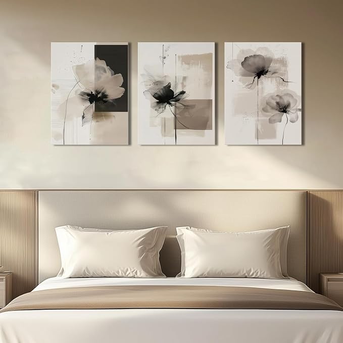 Neutral Abstract Floral Canvas Wall Art Modern Large Minimalist Wall Decor Contemporary Beige Black Flower Posters Prints Picture for Living Room Bedroom Bathroom Office 16x24 In Framed